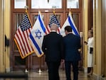 Prime Minister Benjamin Netanyahu and House Speaker Mike Johnson walk inside the Capitol before Netanyahu's address to a joint session of Congress on Wednesday.