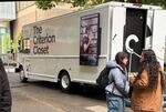 The Criterion Mobile Closet parked in front of the Portland Art Museum on May 29, 2026. Stocked with more than a thousand movies, it's a traveling replica of the Criterion archive from their New York City headquarters.