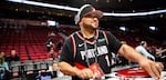 David Jackson, "DJ OG One," plays tracks during pregame of a National Basketball Association Game between the Portland Trail Blazers and San Antonio Spurs at the Moda Center in Portland, Ore., Thursday, Feb. 6, 2020.