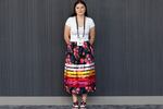 Feather Rakestraw, Yurok and Oglala Lakota, wore a ribbon skirt she sewed and earrings she beaded on July 2, 2024 during the UNITY Conference. The 20-year-old modeled for Red Berry Woman during the pre-gala fashion show that evening.