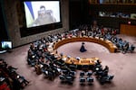 Ukrainian President Volodymyr Zelenskyy speaks via remote feed during a meeting of the UN Security Council, Tuesday, April 5, 2022, at United Nations headquarters.