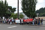 Dozens of people demonstrated during Prime Week outside the Amazon warehouse on NW St. Helens Road in Portland, July 17 2019. 