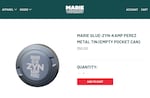 In this screenshot from the Marie for Congress campaign website, an empty metal tin with Zyn-inspired branding is listed for $50. The parent company of the nicotine pouch brand says the product violates the Zyn trademark.