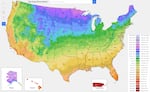 This image from the U.S. Department of Agriculture shows the agency's new plant hardiness zone map updated on Wednesday, Nov. 15, 2023. The map was updated for the first time in a decade, and it shows the impact that climate change will have on gardens and yards across the country.