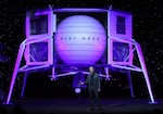 Jeff Bezos, owner of Blue Origin, introduces a new lunar landing module called Blue Moon during an event at the Washington Convention Center, May 9, 2019 in Washington, DC.