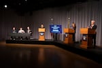 Republican state Sen. Christine Drazan, center right, and Democratic Gov. Tina Kotek, far right, during the gubernatorial debate in Eugene, Ore., at the University of Oregon, on Thursday, Oct. 1, 2026.
