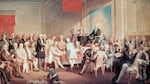 A disputed document by one of the delegates at the Constitutional Convention of 1787, depicted here in a painting by Thomas Rossiter, has been cited in a Supreme Court case about a once-fringe legal theory that could reshape federal elections.