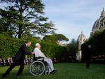 Pope Francis leaves evening prayers in the Vatican Gardens on June 7. The pope will meet this week with G7 leaders to talk about the ethics of artificial intelligence.