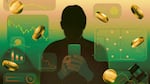 An illustration of a man in silhouette holding a smart phone. He is surrounded by images of Bitcoins, charts, sports and a gavel.
