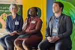 Candidates Kaarin Knudson, left, Shanaè Joyce-Stringer, center and Stefan Strek, right, answer questions during a city club forum in March, 2024.