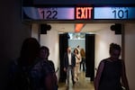People enter the Moda Center before the annual Portland Metro Chamber meeting, amid discussions of renovating the arena with public money.