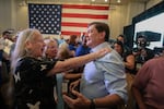 Troy Jackson greets people after being selected as the new Democratic nominee for U.S. Senate in Maine on July 25, 2026, in Bangor.