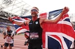 Josh Kerr of Team Great Britain celebrates after winning the 1 Mile Men's Final and setting a new World Record during the Novuna London Athletics Meet, part of the 2026 Wanda Diamond League, at London Stadium on July 18, 2026 in London, England.