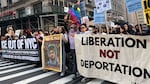 Thousands of people marched throughout the streets of Manhattan Tuesday night as part of a series of nationwide rallies against President Trump’s immigration sweeps and the deployment of the U.S. military in California.