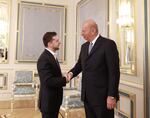 U.S. Ambassador to the E.U. Gordon Sondland shakes hands with President Volodymyr Zelensky of Ukraine in a photo posted to the ambassador's official Twitter account on July 26, 2019.