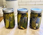 Jars of dill pickles, fresh from the canner