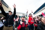 FILE - Trail Blazers fans gather in front of the Moda Center to watch Portland in the first game of the Western Conference Finals on May 14, 2019.