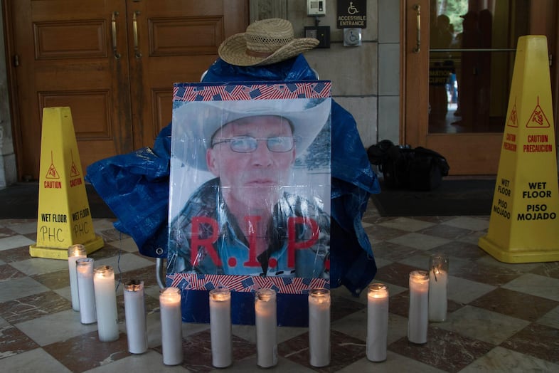 A memorial for LaVoy Finicum, one of the leaders of the armed occupation of an Oregon wildlife refuge, at the federal courthouse in Portland.