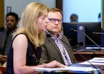 Skyler Brocker-Knapp, a policy advisor for Ted Wheeler, left, and City Attorney Robert Taylor present information to the Portland City Council on the proposed camping ban, May 31, 2023. The council heard over five hours of testimony on the proposal, which would ban camping from 8 a.m. to 8 p.m.