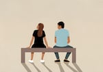 An illustration of a man and a woman sitting on a bench, the woman facing away from him.