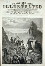 In this image from 1873, Franks Illustrated Newspaper cover depicts the Modoc people leaving their stronghold during the Modoc War in Northern California.