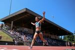 Stephanie Garcia crosses the finish line first in the 3,000 meters. A few hundred fans filled the stands at Mt. Hood Community College to see the Summer Series' second leg.