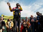 Amazon Labor Union leader Chris Smalls speaks next to U.S. Senator Bernie Sanders during a rally outside an Amazon facility on Staten Island, New York City, on April 24, 2022.