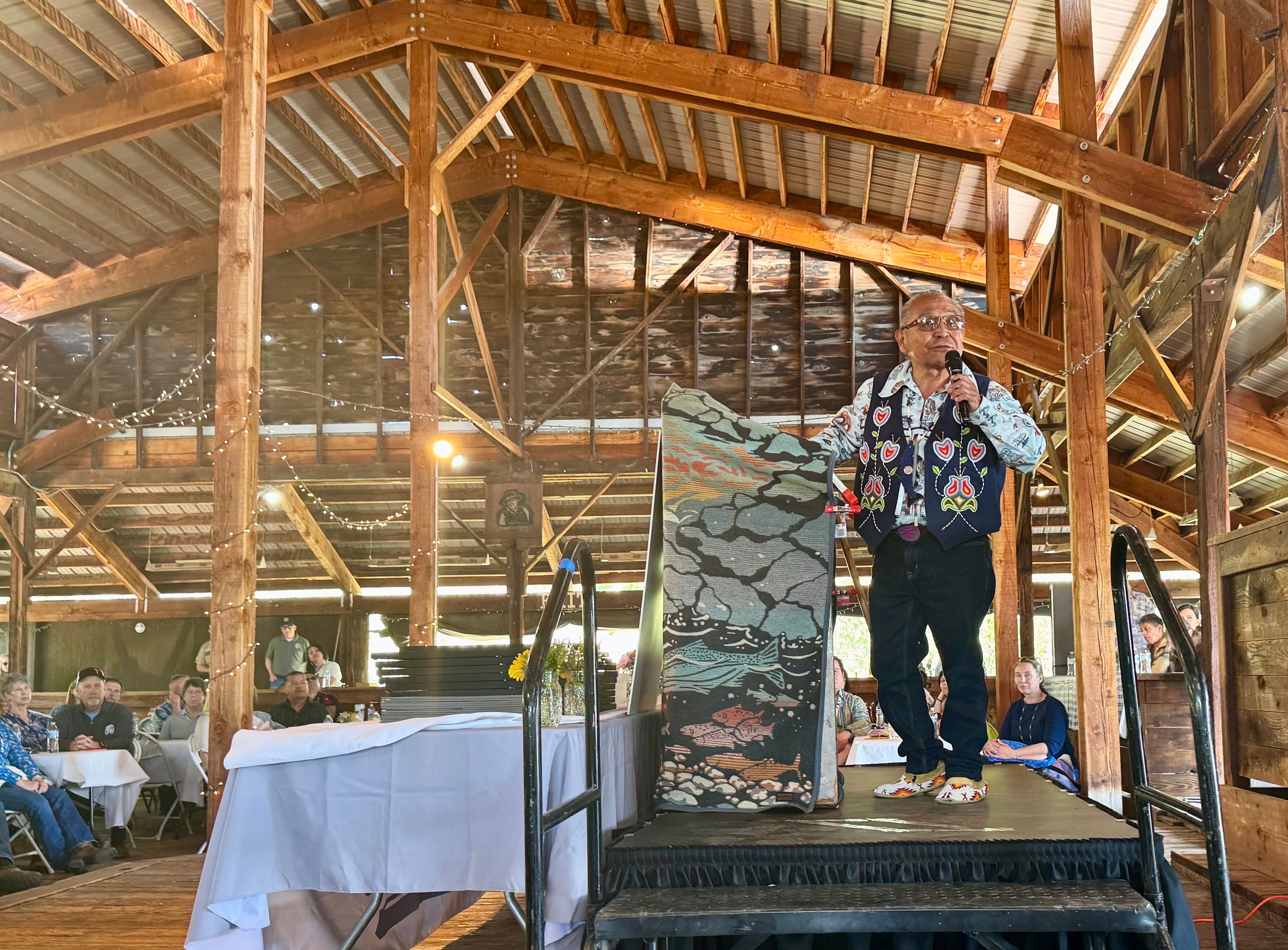 Gerald Lewis, the chairman of the Yakama Nation Tribal Council, speaks at a celebration for the transfer of parts of Springwood Ranch to tribal and state co-ownership and co-management.