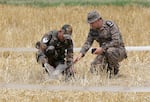 Amritsar, May 08 (ANI): Army personnel examine the remains of a projectile discovered in Makhanwindi village near Amritsar on Thursday. (ANI Photo/Raminder Pal Singh) No Use India.