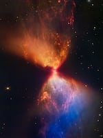 Webb captures the image of a protostar, the very beginning of a new star. The "hourglass" of dust and gas clouds is only visible in infrared light, the wavelengths Webb specializes in.