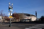 Signs welcome fans to an NCAA basketball tournament that won't happen.