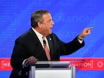 Republican presidential candidate former New Jersey Gov. Chris Christie, gesturing towards businessman Vivek Ramaswamy during a Republican presidential primary debate hosted by NewsNation on Wednesday.