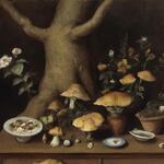 Oil painting of mushrooms on a table with a tree in the background.