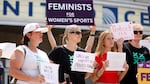 Demonstrators protest outside the United Center in Chicago prior to the game between the Chicago Sky and the Indiana Fever on Aug. 8, 2026.