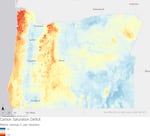 A preliminary map of which soils in Oregon can hold more carbon in the top 20 centimeters. Red indicates oversaturated soils where additional organic matter will quickly decompose and return to the atmosphere. Blue indicates undersaturated soils with potential to protect additional carbon for decades. Top soils in the Cascades and Coast Range are generally oversaturated while those in the Willamette Valley and nonmountainous regions of Eastern Oregon tend to be undersaturated.