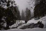 Snow melts in a still-closed section of Sequoia National Park. The snowpack for the broader region is more than three times the average.