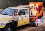 Bobbie Scopa on duty with vehicle, and the cover of her new book, "Both Sides of the Fire Line: Memoir of a Transgender Firefighter."