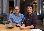 Volcanologists Josef Dufek, left, and Joshua Méndez Harper are part of the team researching how to reduce static charge when grinding coffee. They've helped adopt technology used in their research to study coffee a The Oregon Coffee Laboratory on campus in Eugene, Ore.