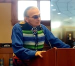 Klamath Tribes Chairman William Ray addresses guests at a celebration at the goos oLgi gowa Community Center in Chiloquin, Oregon.