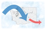 A map of Washington is layered with a large blue arrow pointing into the state to signify Democratic residents moving to Washington and a smaller red arrow pointing out of the state to show Republican residents leaving.