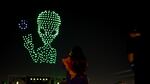 Interest is growing in using drones for aerial light shows, and as an alternative to fireworks displays. They can be programmed to make customized aerial displays, such as this alien design which was created by Go Drone Shows for the Spooky Moon Music Festival in El Paso in October 2022.