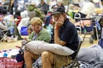 Stephen Gandy shelters in the gymnasium at River Ridge Middle/High School in preparation for Hurricane Milton, Wednesday, Oct. 9, 2024, in New Port Richey, Fla.