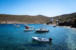 Thymaina, GREECE: 10/01/25 The port of the tiny Greek island of Thymaina. The primary school on Thymaina is down to just two grade-school students and school children have to commute by ferry to another island as a decreasing birthrate has led to school closures Ayman Oghanna for NPR