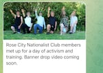 A screenshot of a photograph posted in the Rose City Nationalists Telegram channel shows the group giving Nazi salutes. Faces were blurred in the original post.