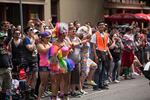 The crowd cheers as floats drive by during the 2017 Portland Pride Parade.