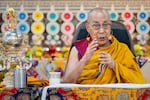 Tibetan spiritual leader the Dalai Lama speaks at an event celebrating his 90th birthday according to a Tibetan calendar in Dharamshala, India on Monday.