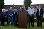 U.S. Rep. Marie Gluesenkamp Perez of Washington’s third congressional district speaks during a press conference alongside other officials and politicians after the Nippon Dynawave Packaging Co. chemical implosion, in front of the facility in Longview, Wash., on May 26, 2026.
