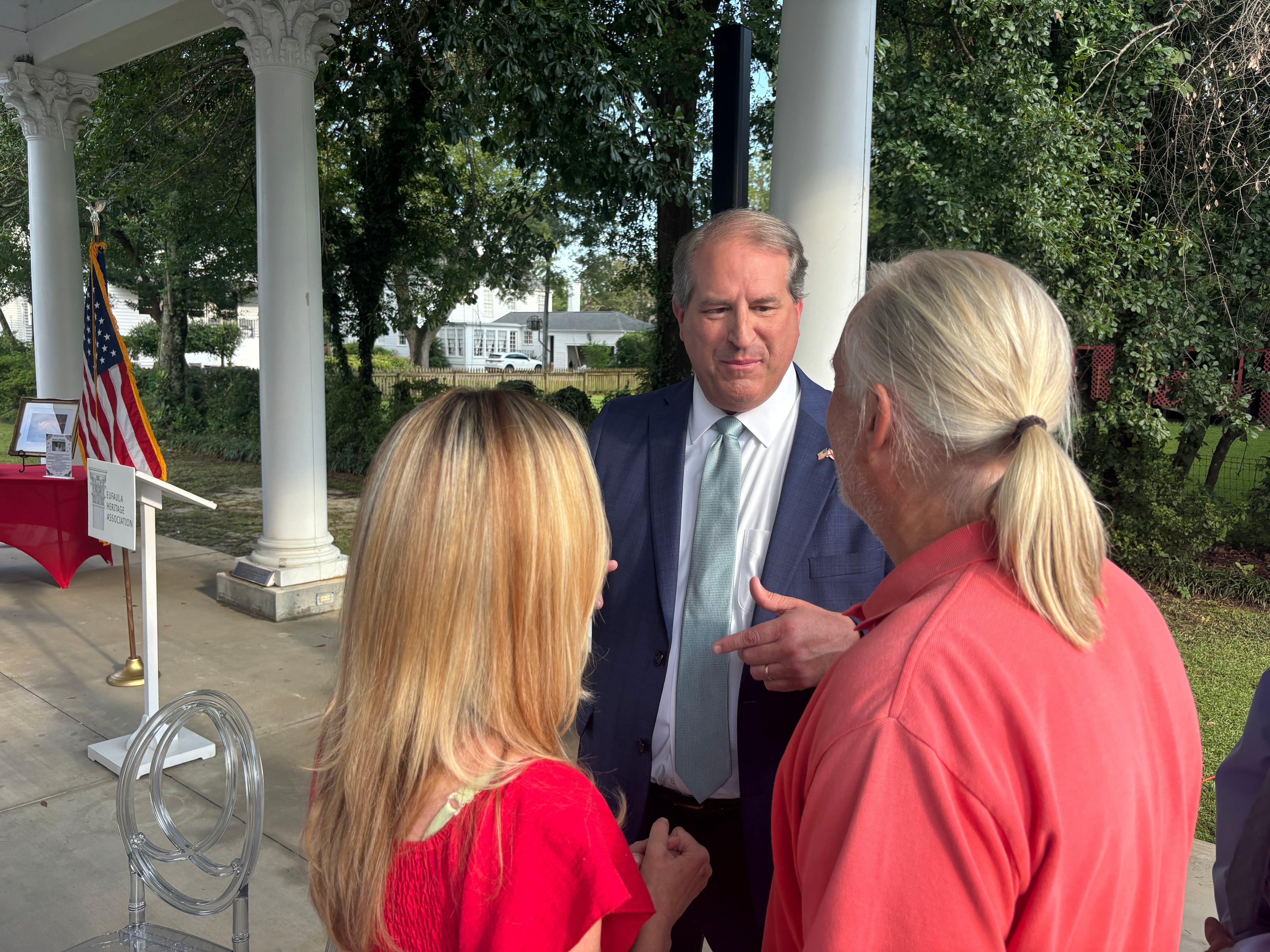 Alabama state Rep. Rhett Marques speaks with voters at a candidate forum in Eufaula, Ala., on Aug. 4. Marques is the frontrunner for the Republican nomination in the state's 2nd Congressional District.