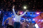 Peruvian presidential candidate Keiko Fujimori waves during a campaign rally in Huacho, north of Lima, Peru, on June 2.