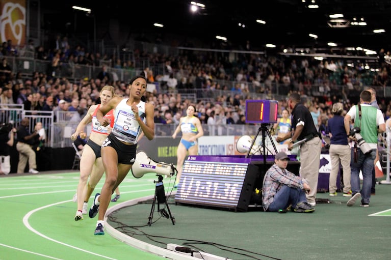 Ajee' Wilson leads the pack in the women's 800 meters at the USATF Indoor Championships in Portland on Saturday, March 12, 2016.